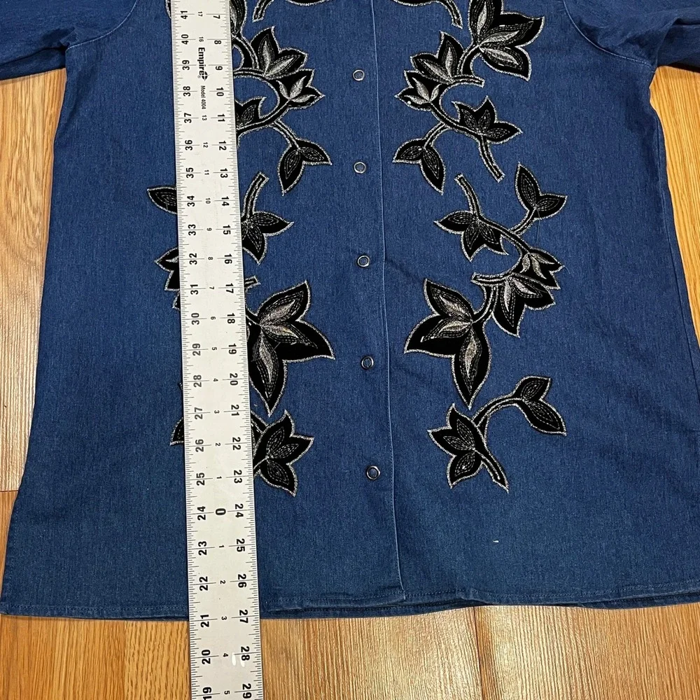 Vintage Victor Costa Occasion Denim Shirt M Blue Black Velvet Floral Beaded